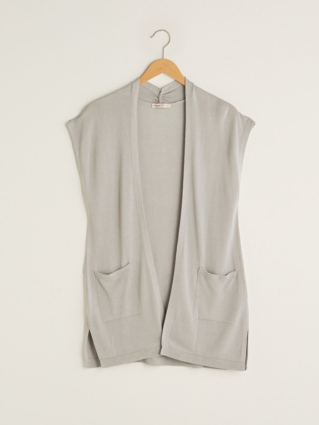 Gri Kadın Cep Detaylı Düz Kolsuz Triko Yelek-5
