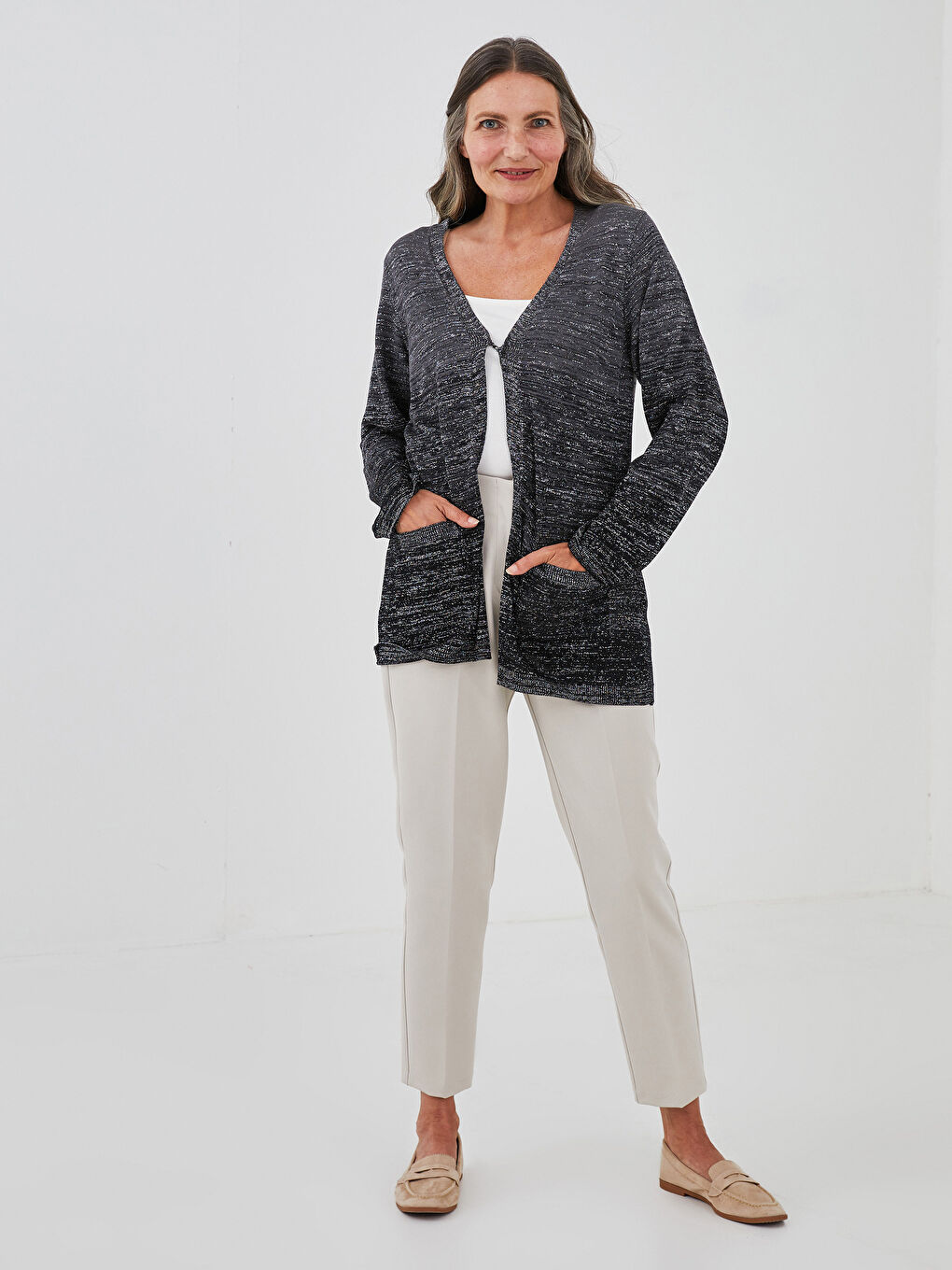 V Neck Shiny Shimmer Detailed Long Sleeve Women's Knitwear Cardigan-2