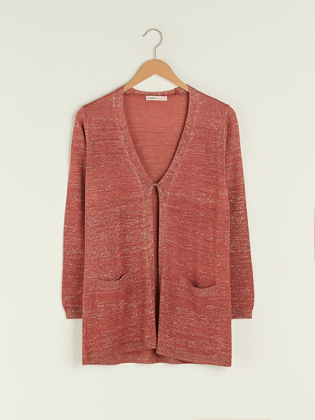 Kahverengi V Yaka Parlak Sim Detaylı Uzun Kollu Kadın Triko Hırka-5