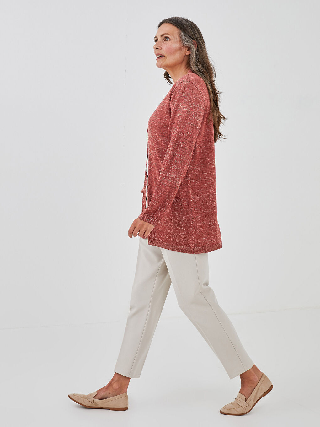 Kahverengi V Yaka Parlak Sim Detaylı Uzun Kollu Kadın Triko Hırka-2