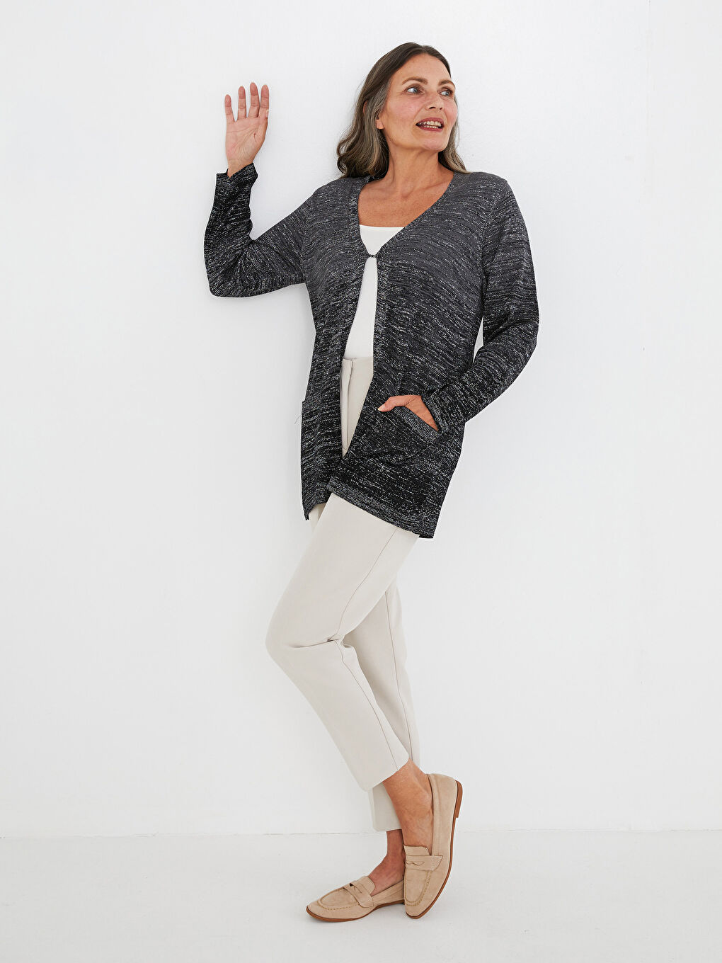 V Neck Shiny Shimmer Detailed Long Sleeve Women's Knitwear Cardigan-4