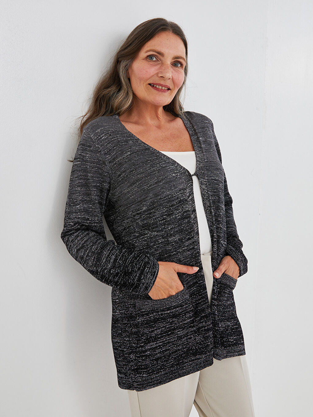 V Neck Shiny Shimmer Detailed Long Sleeve Women's Knitwear Cardigan