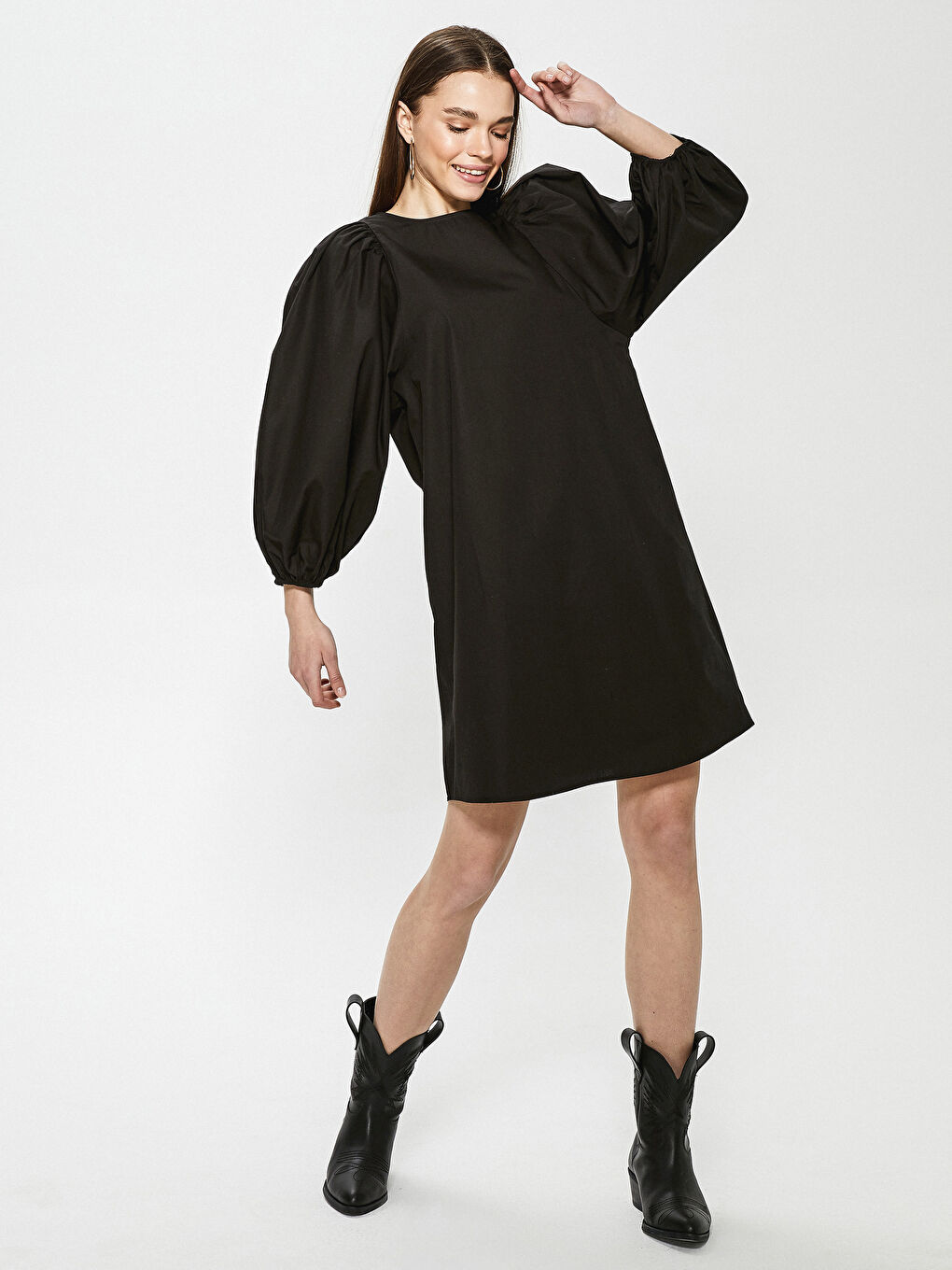 Crew Neck Straight Balloon Sleeve Poplin Women's Dress-1
