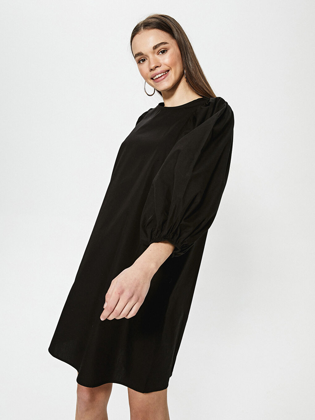 Crew Neck Straight Balloon Sleeve Poplin Women's Dress-2