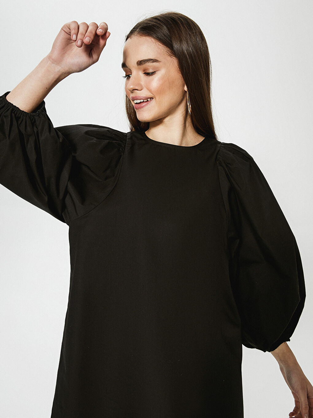 Crew Neck Straight Balloon Sleeve Poplin Women's Dress-3