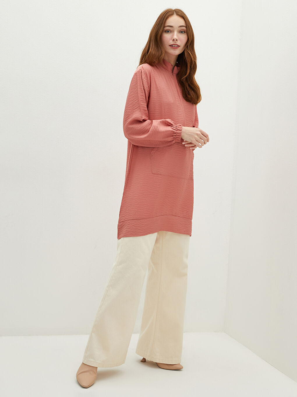 Grandad Collar Pocket Detailed Long Sleeve Women's Tunic-1