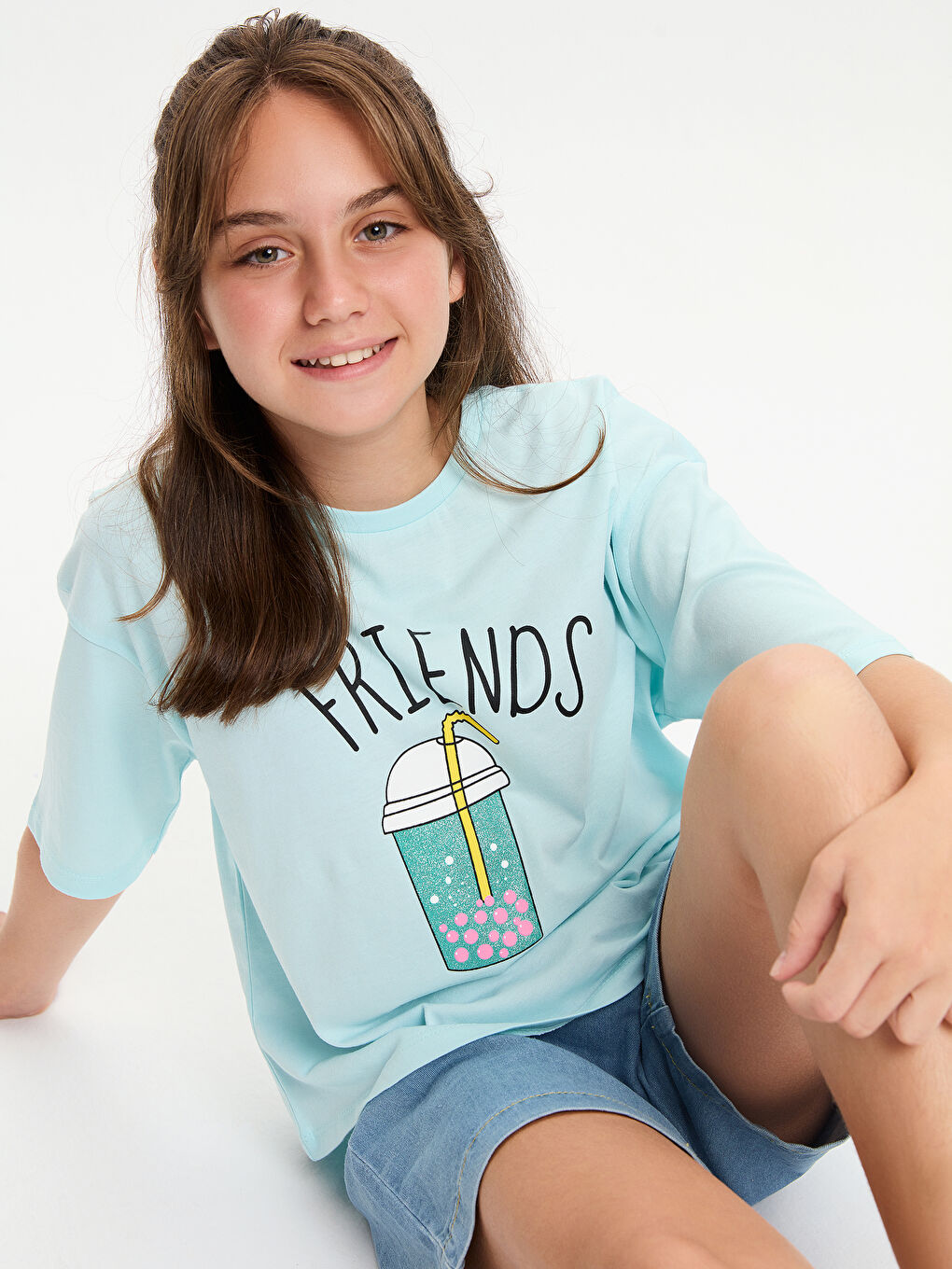 Crew Neck Printed Short Sleeve Cotton Girl T-shirt-1