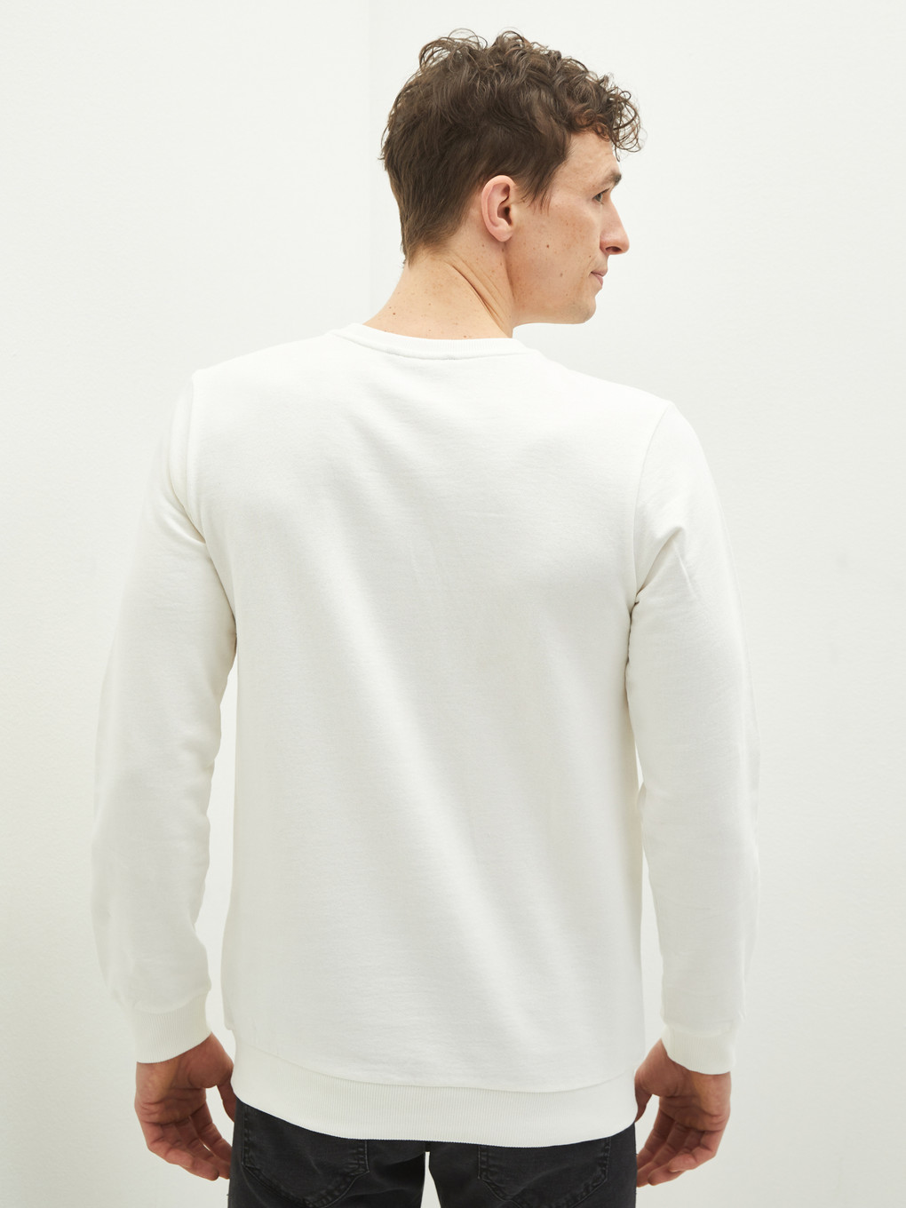 Ekru Bisiklet Yaka Uzun Kollu Baskılı Kalın Erkek Sweatshirt-4