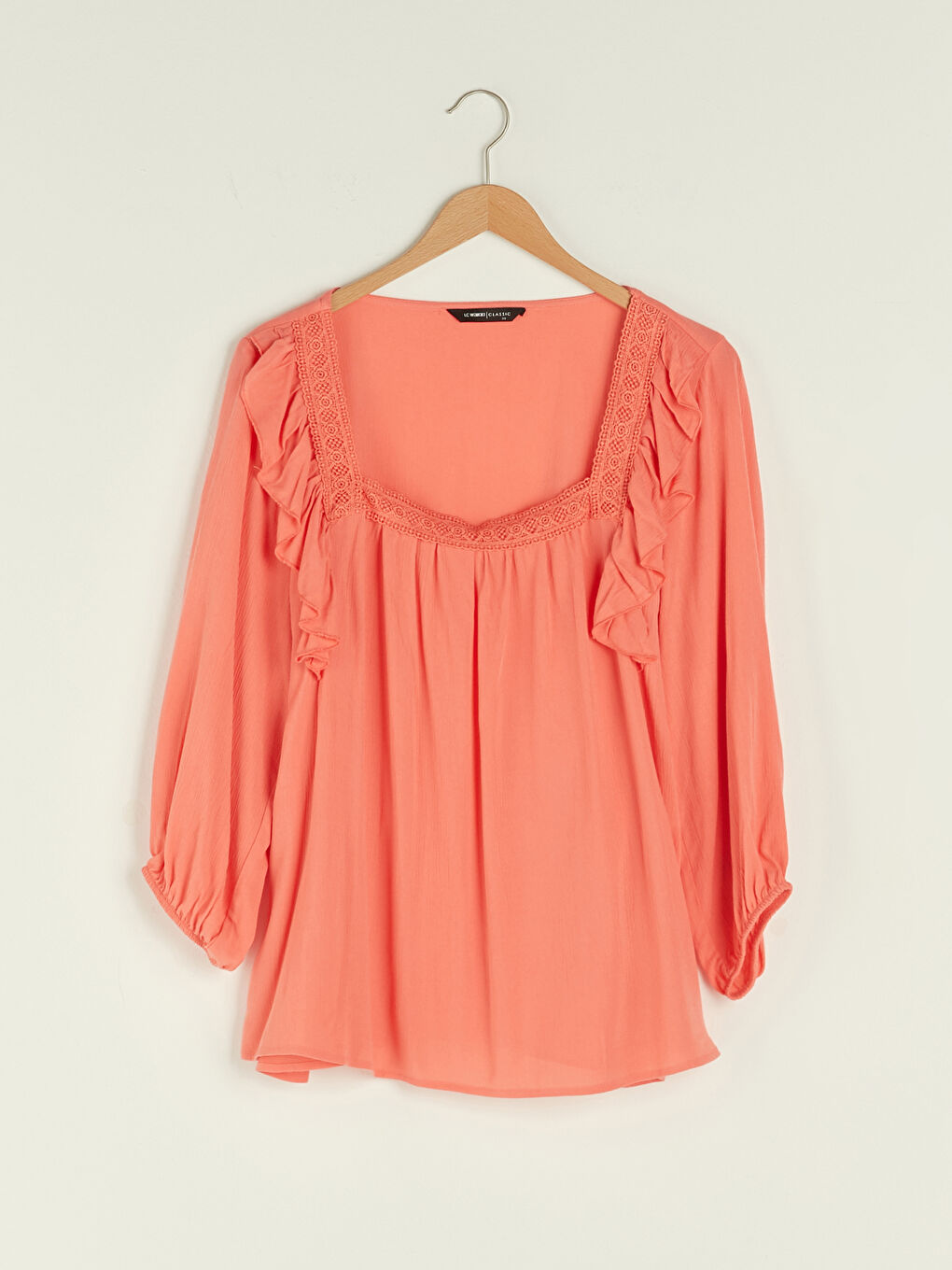 Mercan Kare Yaka Nakışlı Uzun Kollu Viskon Kadın Bluz-4