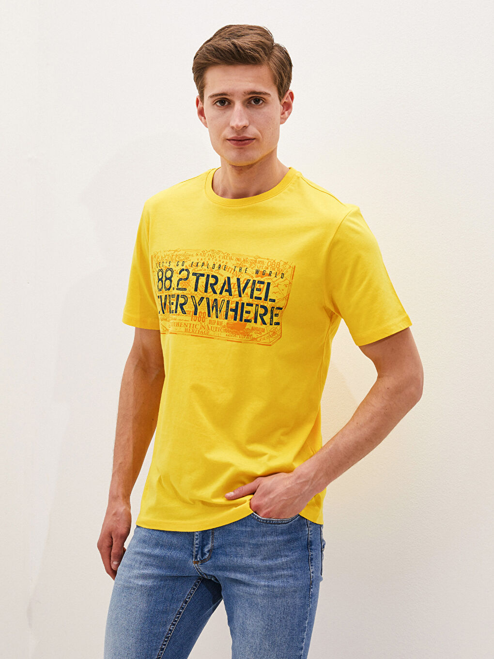 Sarı Bisiklet Yaka Kısa Kollu Baskılı Penye Erkek Tişört