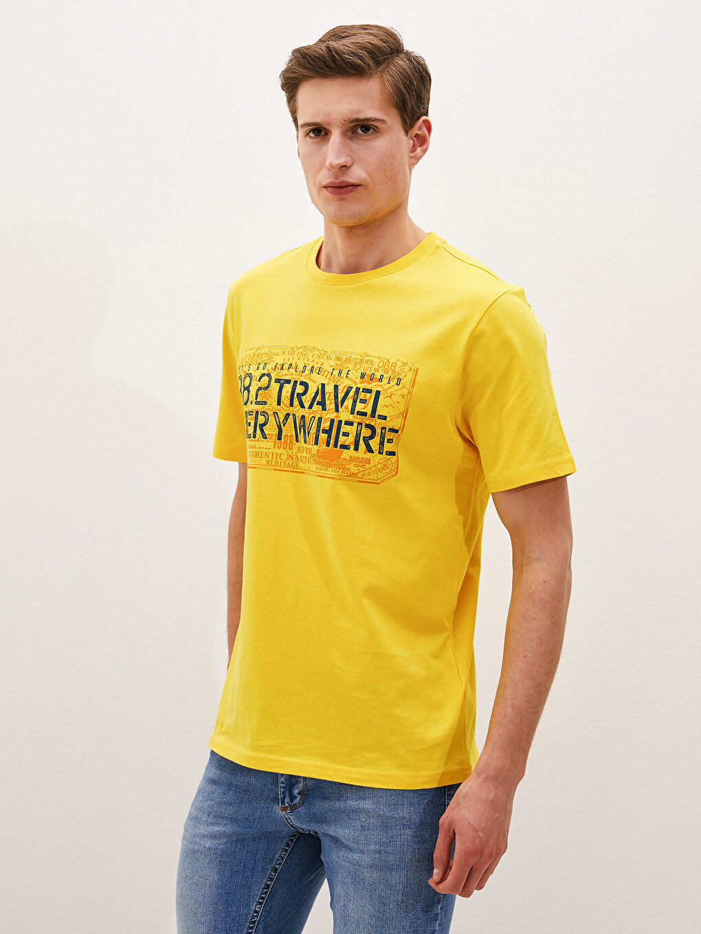 Sarı Bisiklet Yaka Kısa Kollu Baskılı Penye Erkek Tişört-1