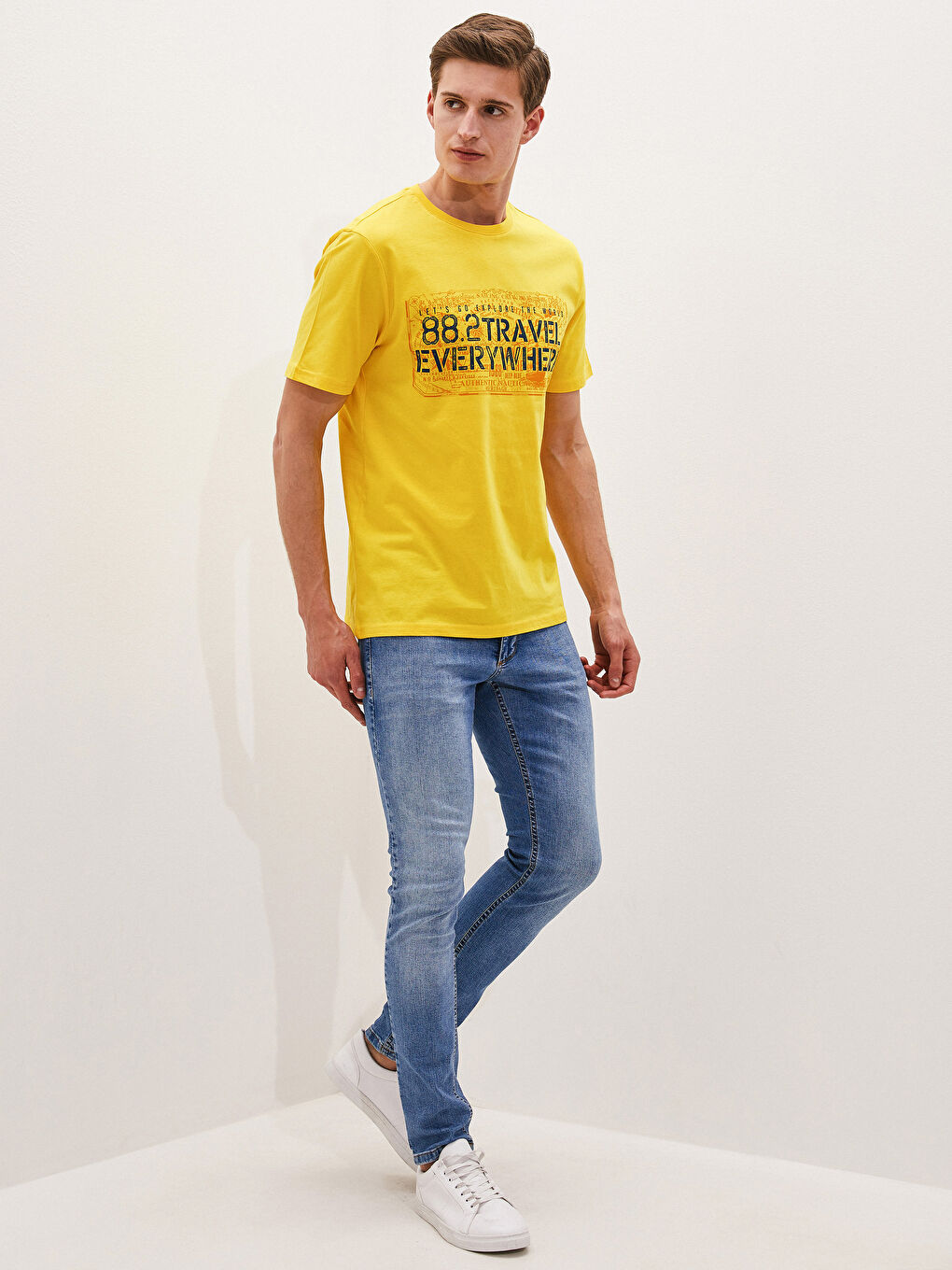 Sarı Bisiklet Yaka Kısa Kollu Baskılı Penye Erkek Tişört-2