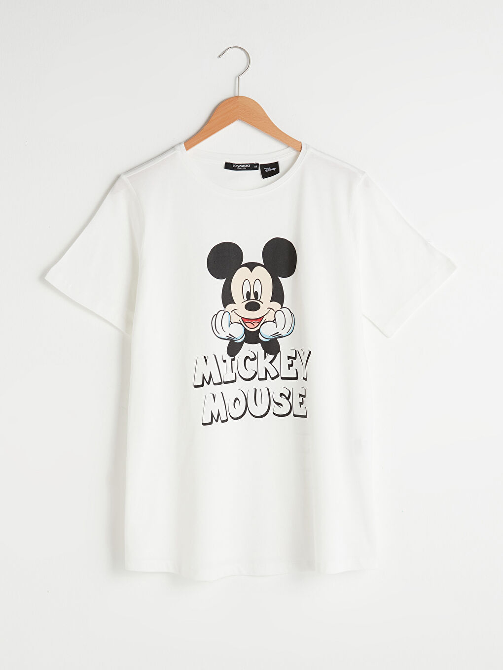 Beyaz Bisiklet Yaka Mickey Mouse Baskılı Kısa Kollu Pamuklu Hamile Tişört-5