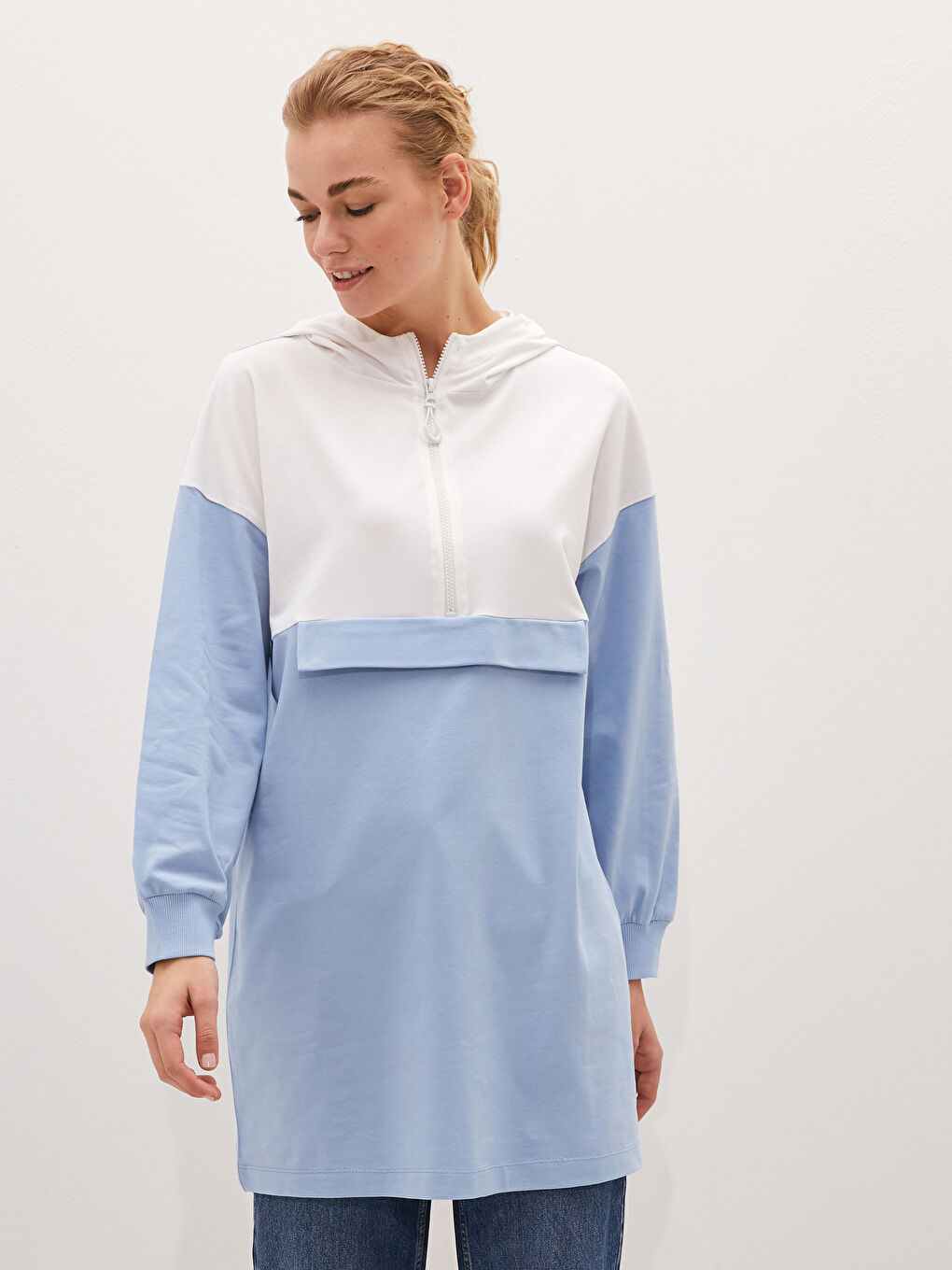 Hoodie Collar Color-Blocked Long Sleeve Women's Tunic