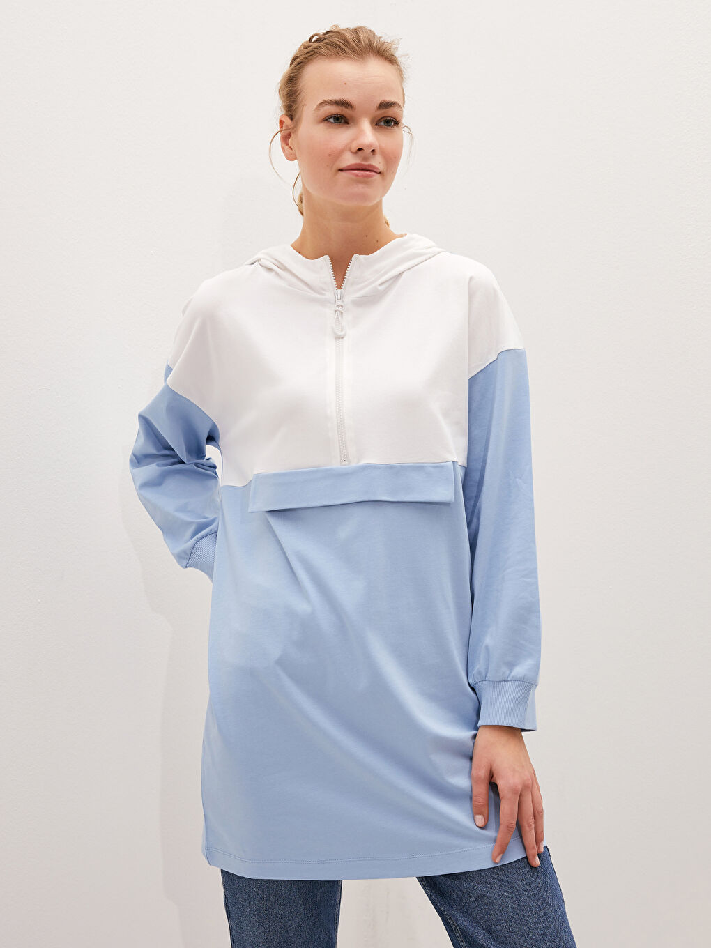 Hoodie Collar Color-Blocked Long Sleeve Women's Tunic-1