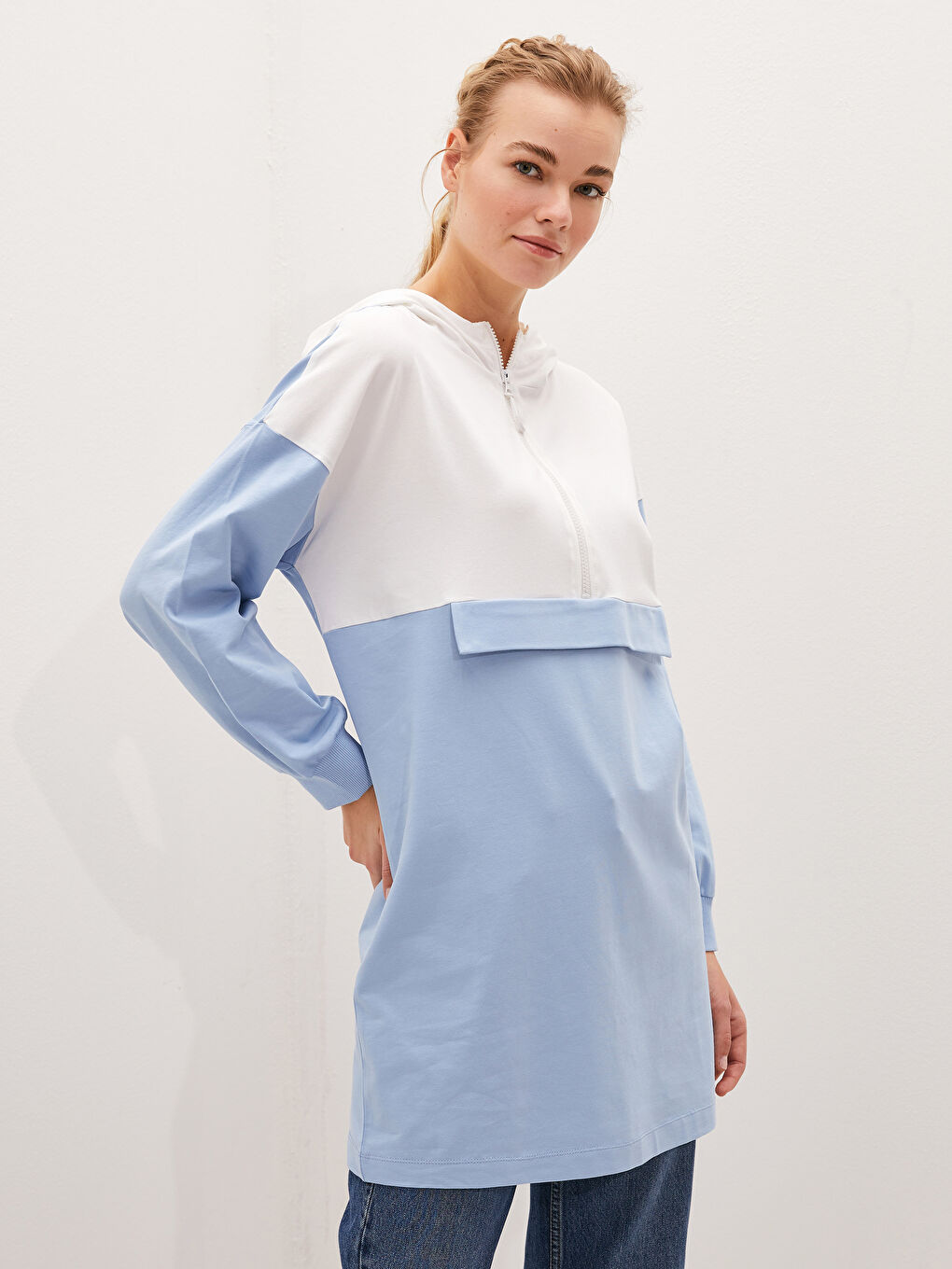 Hoodie Collar Color-Blocked Long Sleeve Women's Tunic-2