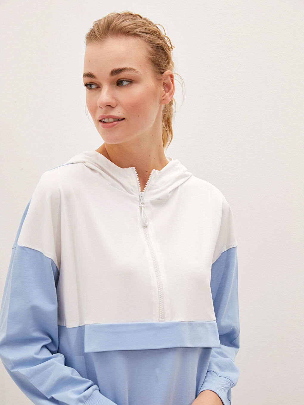 Hoodie Collar Color-Blocked Long Sleeve Women's Tunic-4