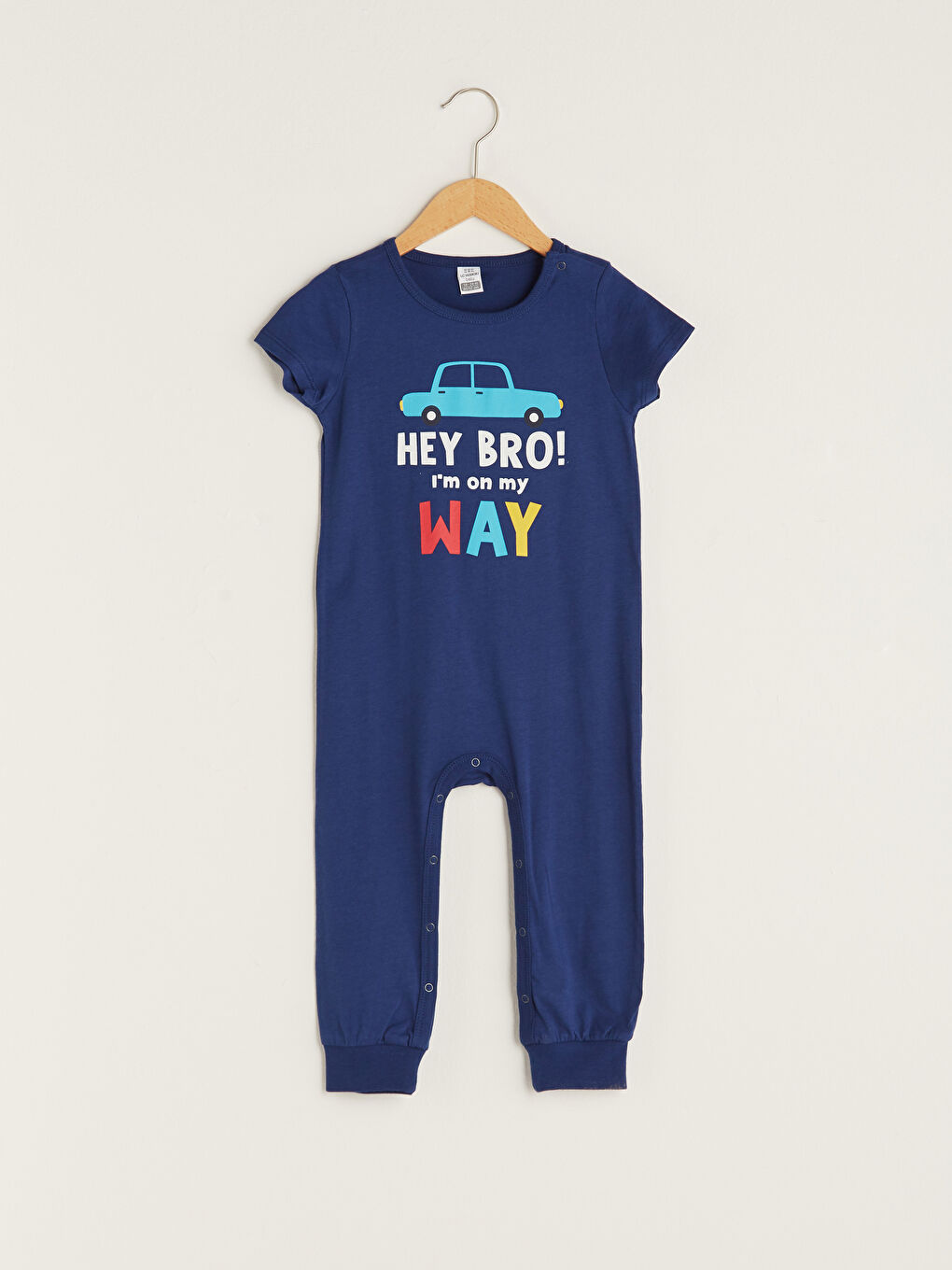 Lacivert Bisiklet Yaka Kısa Kol Baskılı Pamuklu Erkek Bebek Tulum