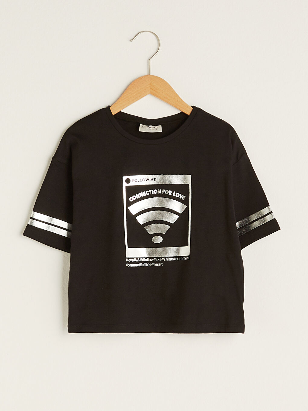 Siyah Bisiklet Yaka Baskılı Kısa Kollu Pamuklu Kız Çocuk Tişört
