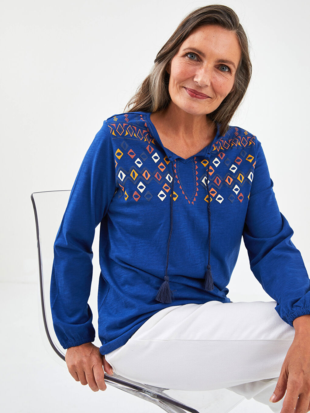 Tie Collar Patterned Long Sleeve Cotton Women's Blouse