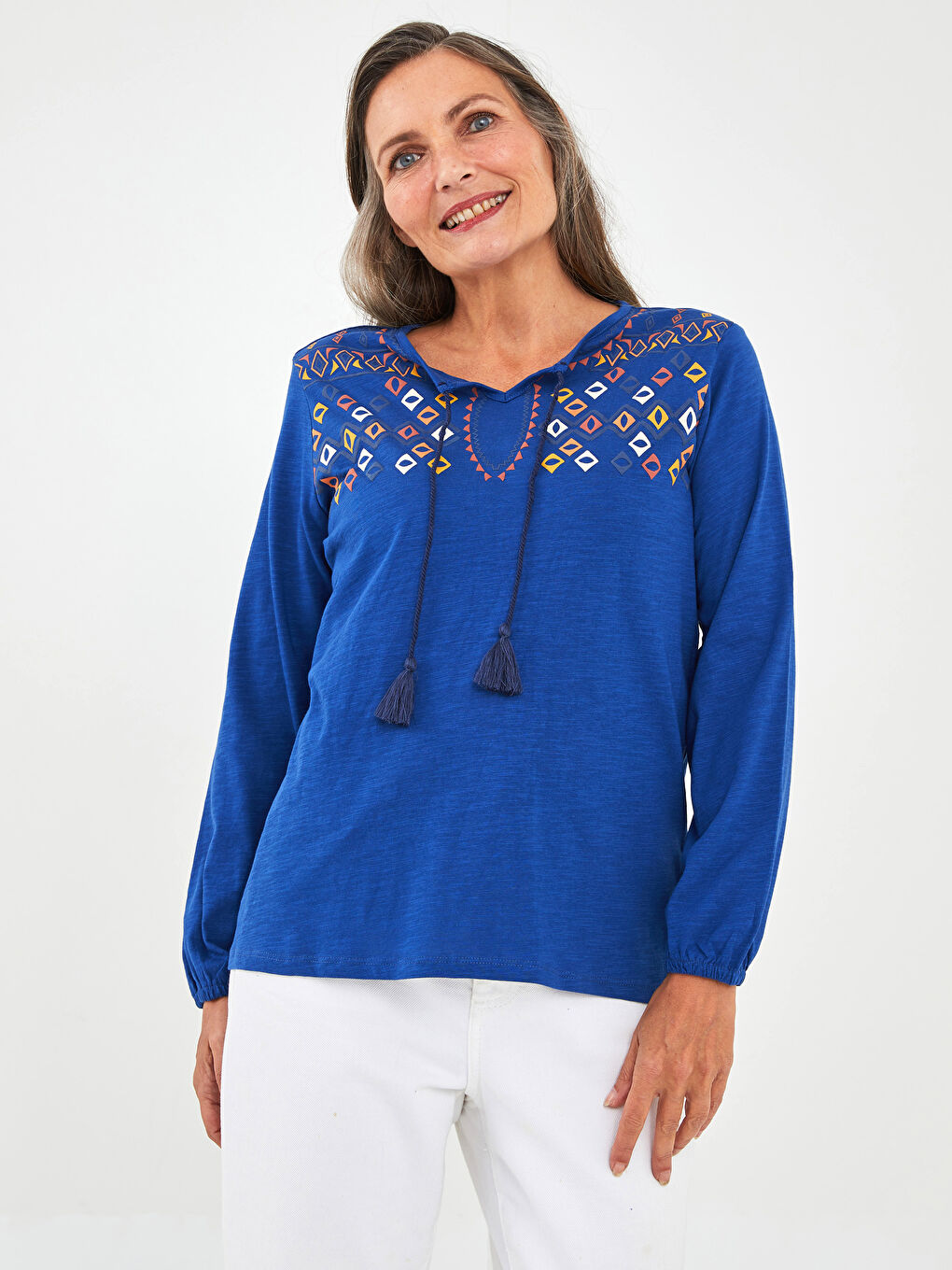 Tie Collar Patterned Long Sleeve Cotton Women's Blouse-1