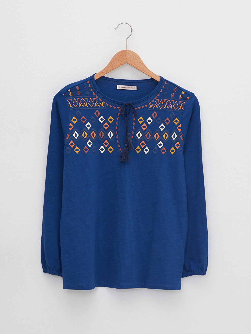 Tie Collar Patterned Long Sleeve Cotton Women's Blouse-5