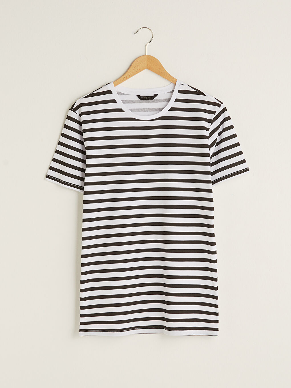 Beyaz Bisiklet Yaka Kısa Kollu Çizgili Penye Erkek Tişört-4