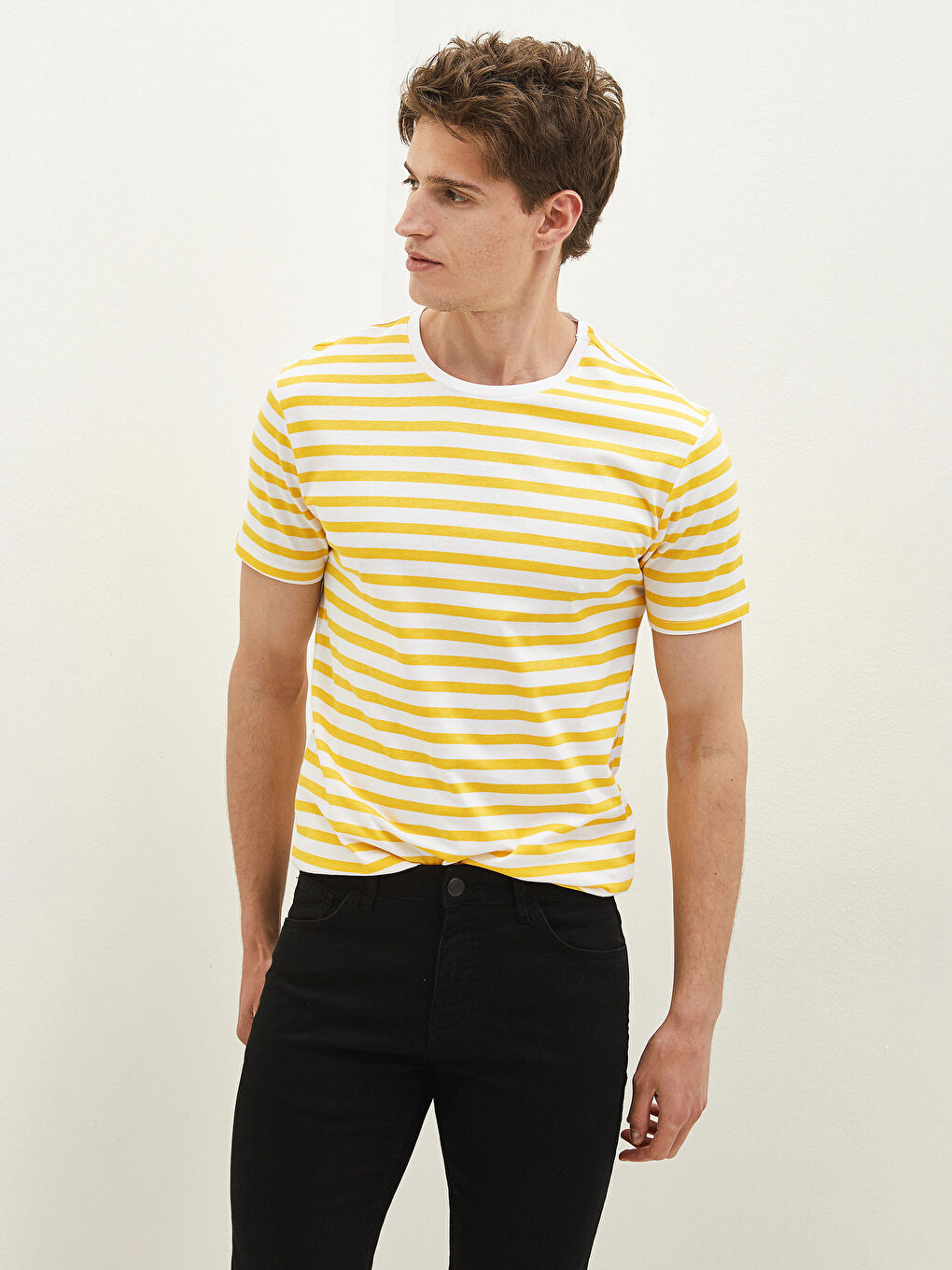 Beyaz Bisiklet Yaka Kısa Kollu Çizgili Penye Erkek Tişört