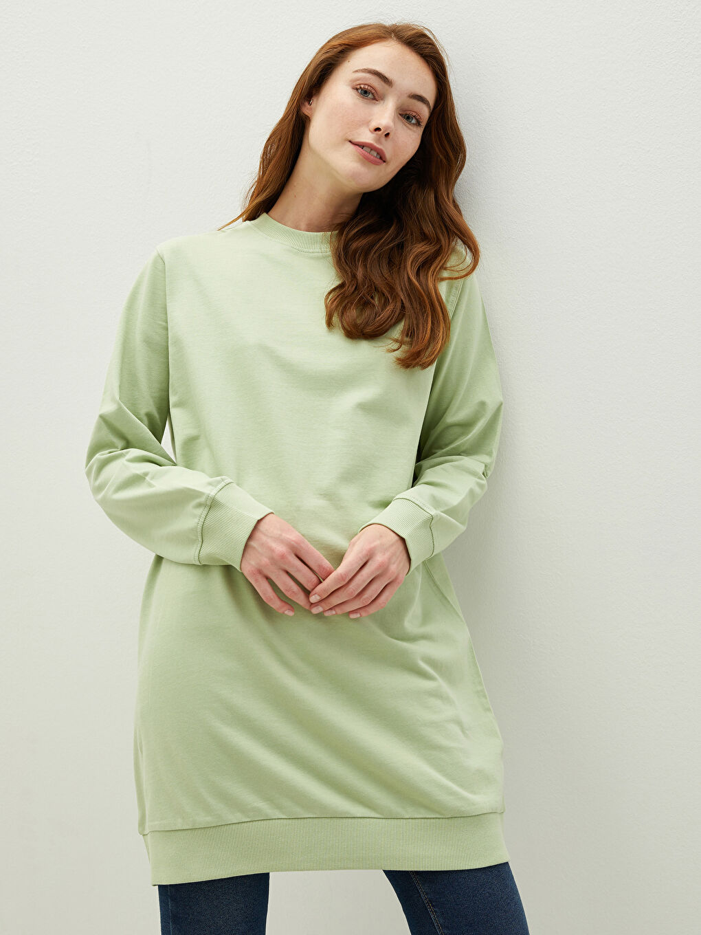 Әйелдерге арналған дөңгелек жағалы өрнексіз ұзын жең свитшот туника-1