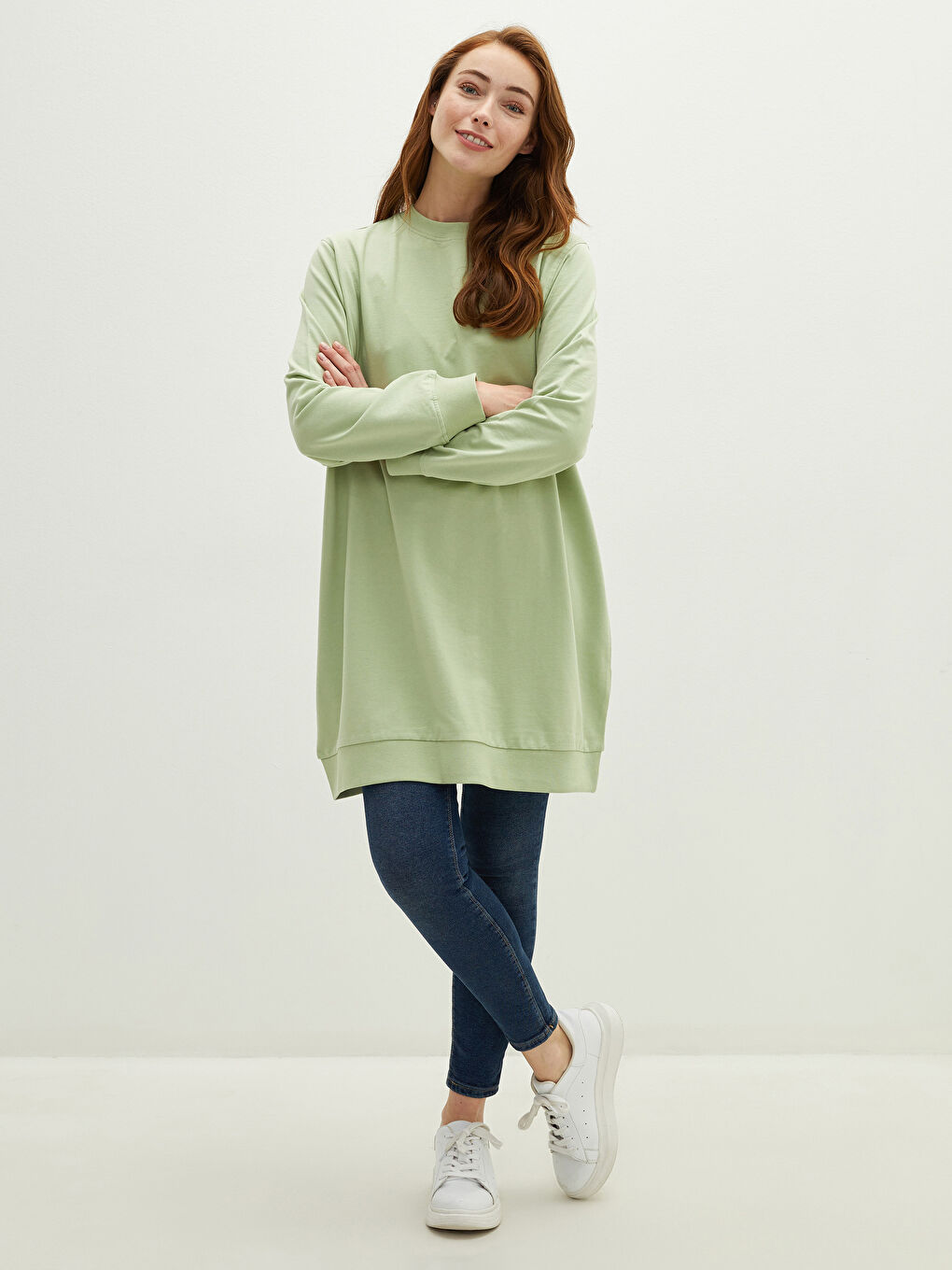 Әйелдерге арналған дөңгелек жағалы өрнексіз ұзын жең свитшот туника-2