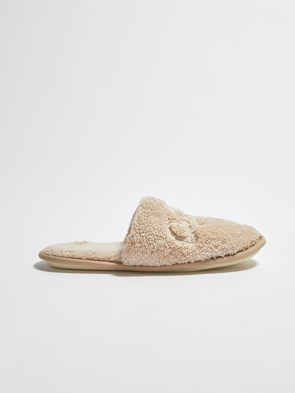 Bej Kadın Nakışlı Pelüş Terlik-1