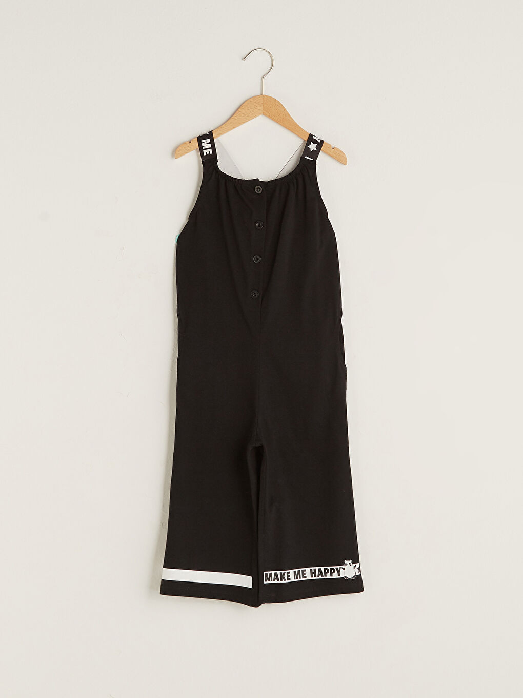 Siyah Kare Yaka Slogan Yazı Baskılı Askılı Kız Çocuk Tulum