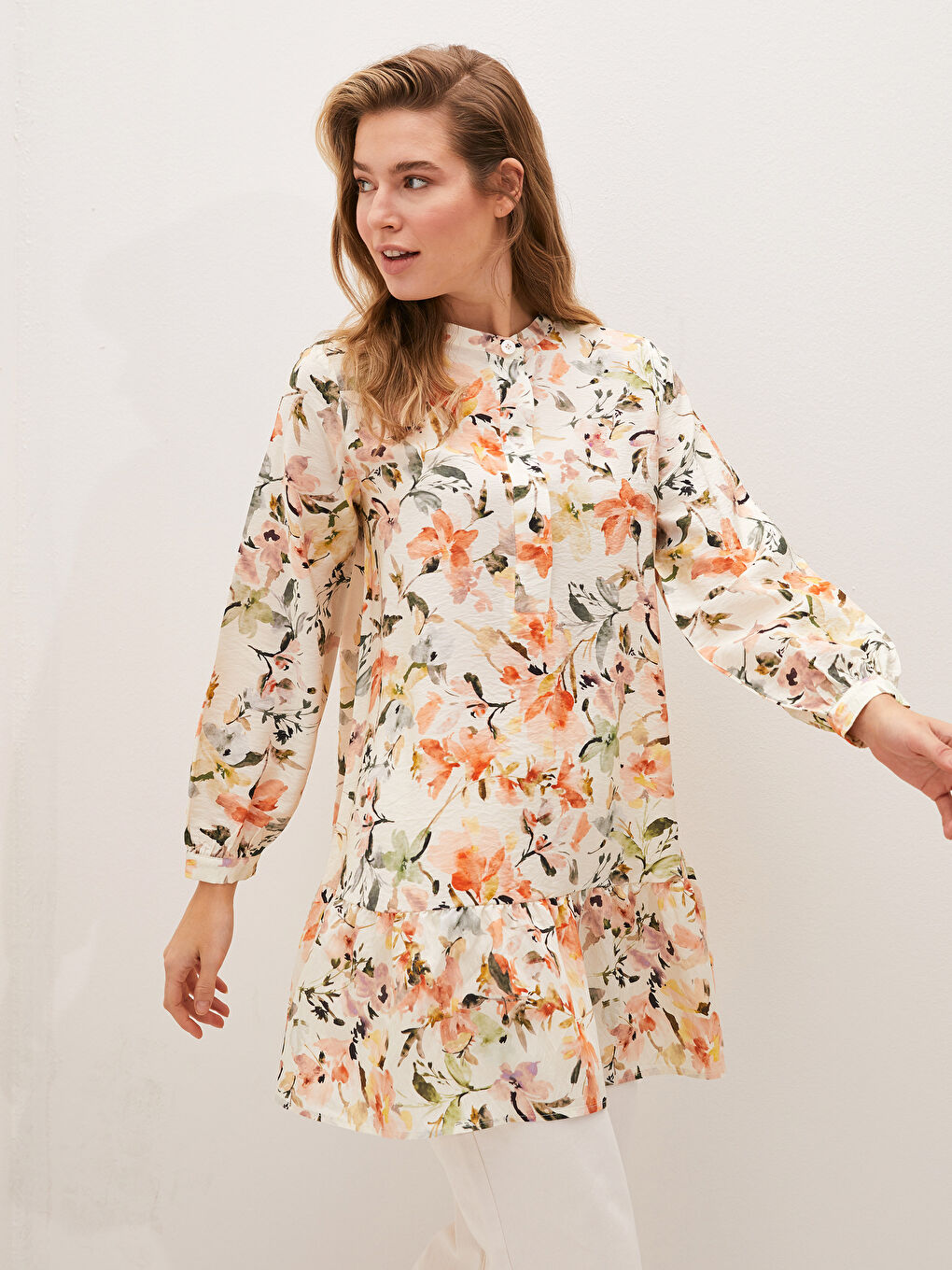 Floral Printed Long Sleeve Viscose Tunic For Women-1