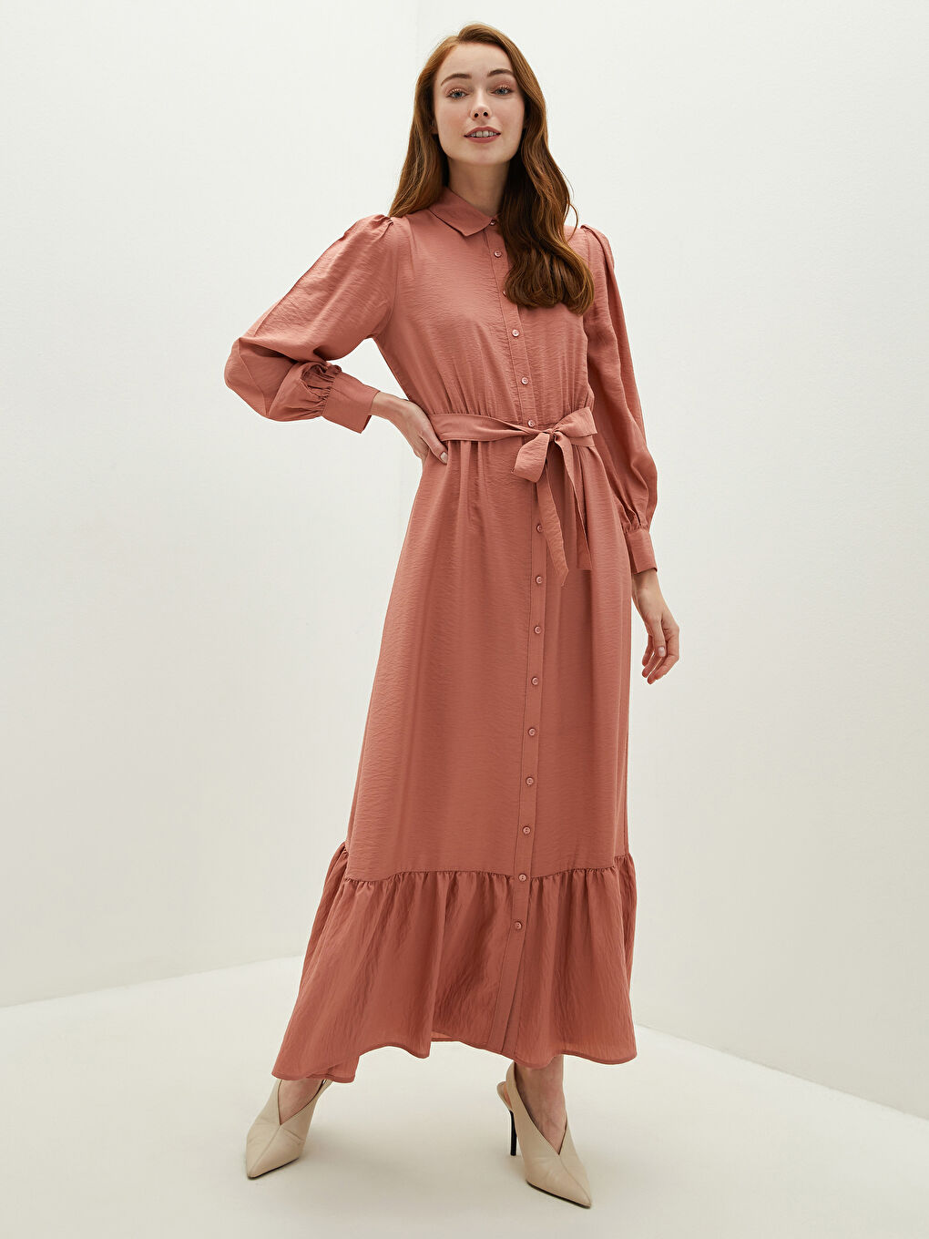 Straight Long Sleeve Waist Belted Women Shirt Dress-1