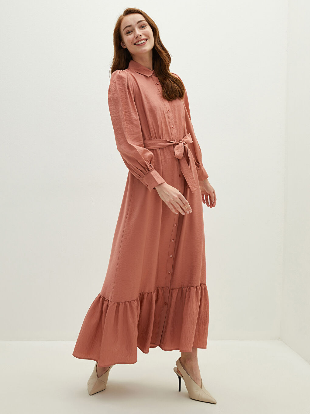 Straight Long Sleeve Waist Belted Women Shirt Dress-3