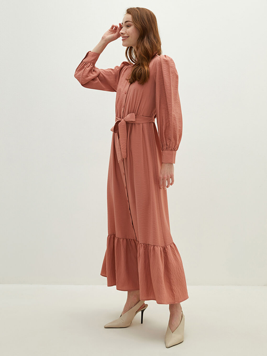 Straight Long Sleeve Waist Belted Women Shirt Dress