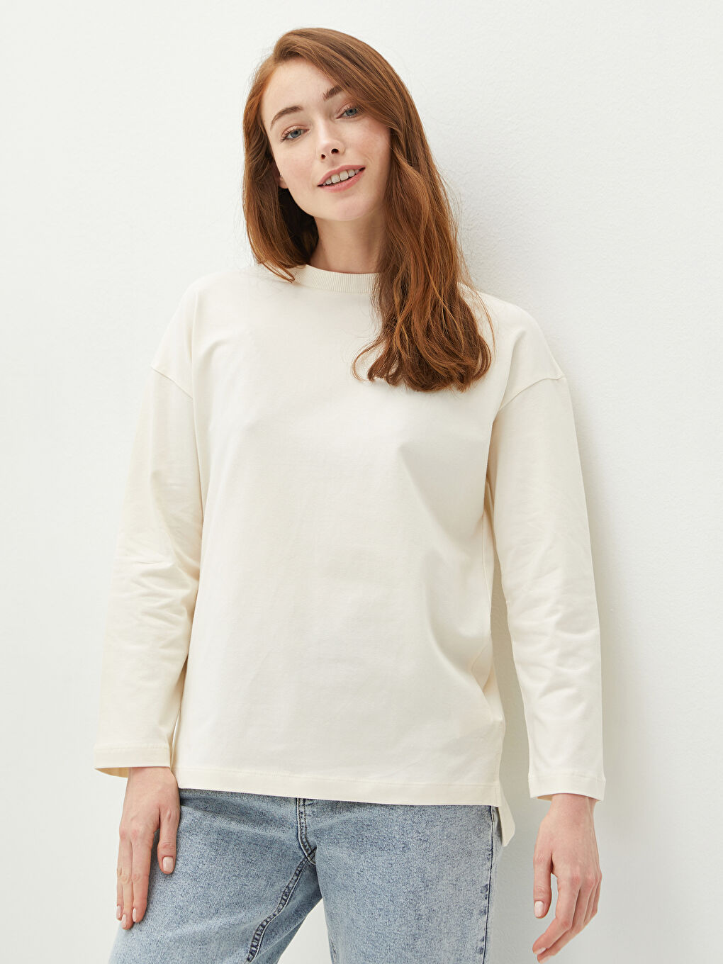 Bej Bisiklet Yaka Düz Uzun Kollu Kadın Sweatshirt