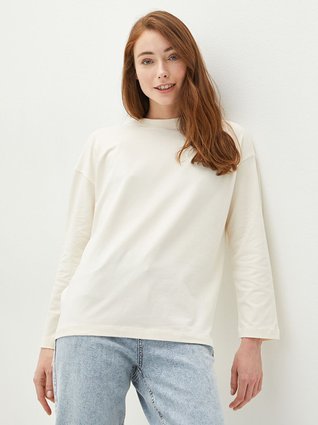 Bej Bisiklet Yaka Düz Uzun Kollu Kadın Sweatshirt-1