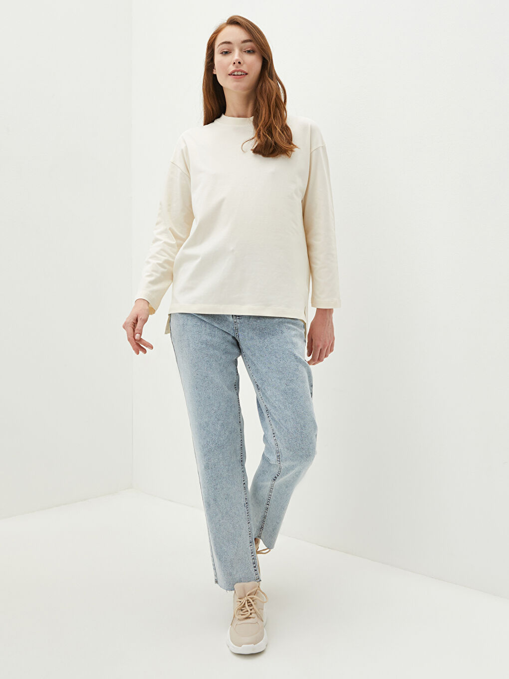 Bej Bisiklet Yaka Düz Uzun Kollu Kadın Sweatshirt-2