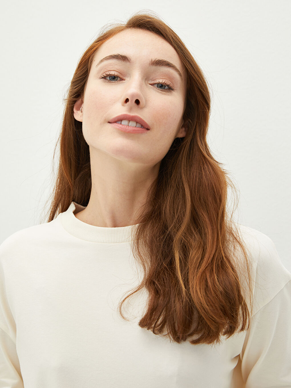 Bej Bisiklet Yaka Düz Uzun Kollu Kadın Sweatshirt-3