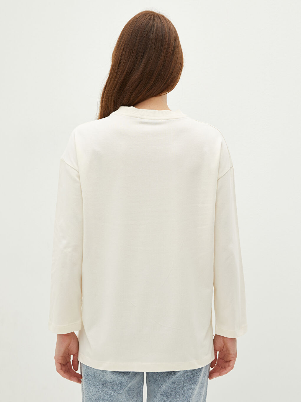 Bej Bisiklet Yaka Düz Uzun Kollu Kadın Sweatshirt-4