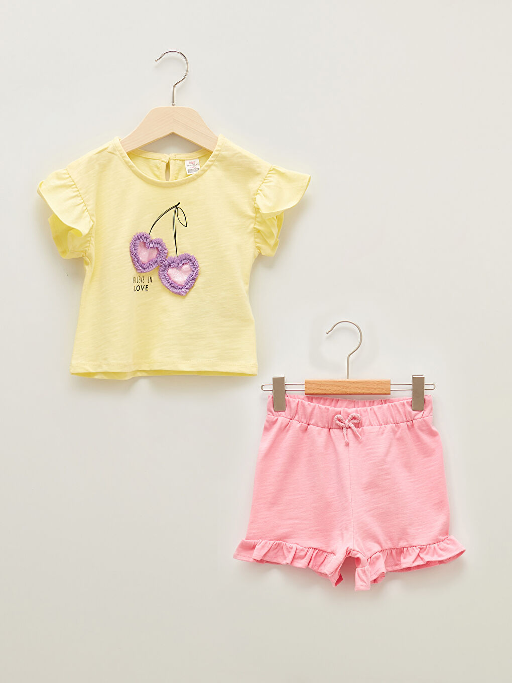 Sarı Bisiklet Yaka Kısa Kollu Baskılı Kız Bebek Tişört ve Şort 2'li Takım