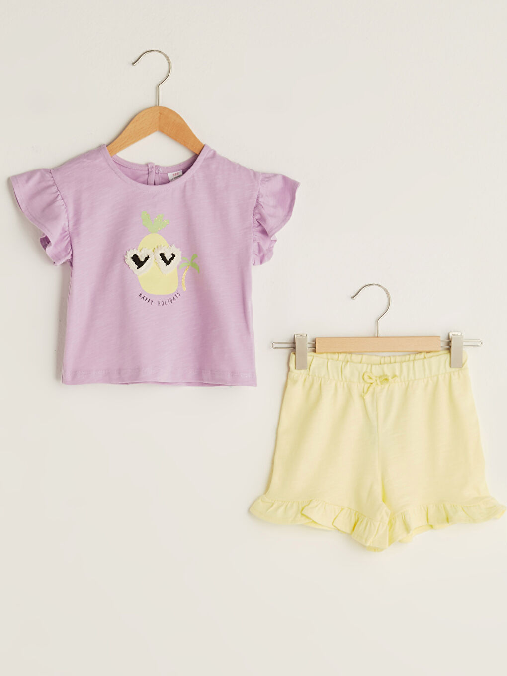 Crew Neck Short Sleeve Printed Baby Girls' T-Shirt and Shorts 2 Pack Set