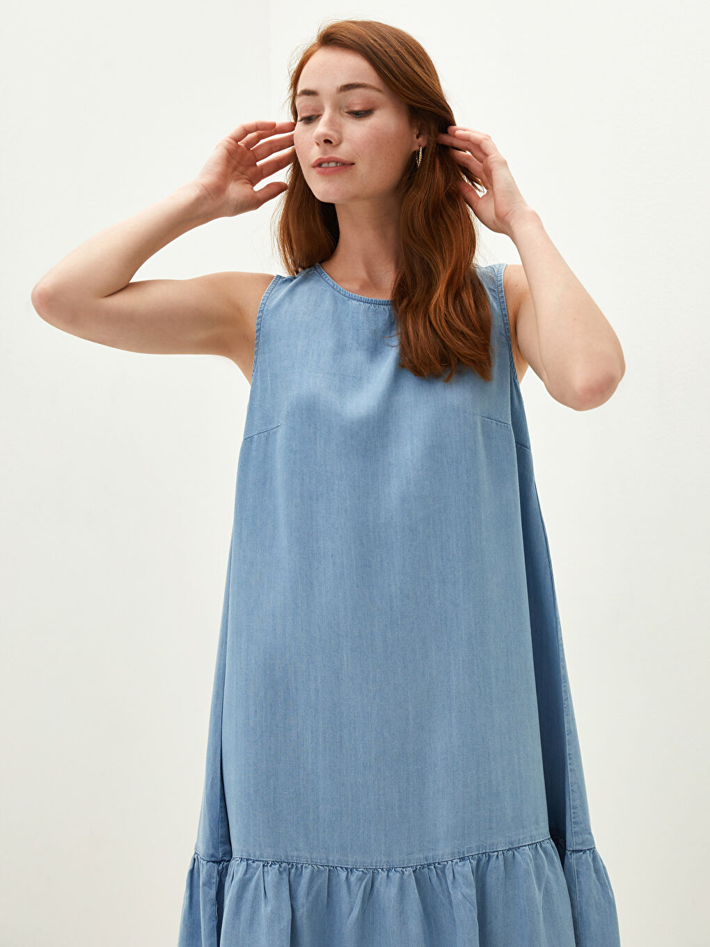 Bej Kadın Bisiklet Yaka Kolsuz Düz Jean Elbise-3