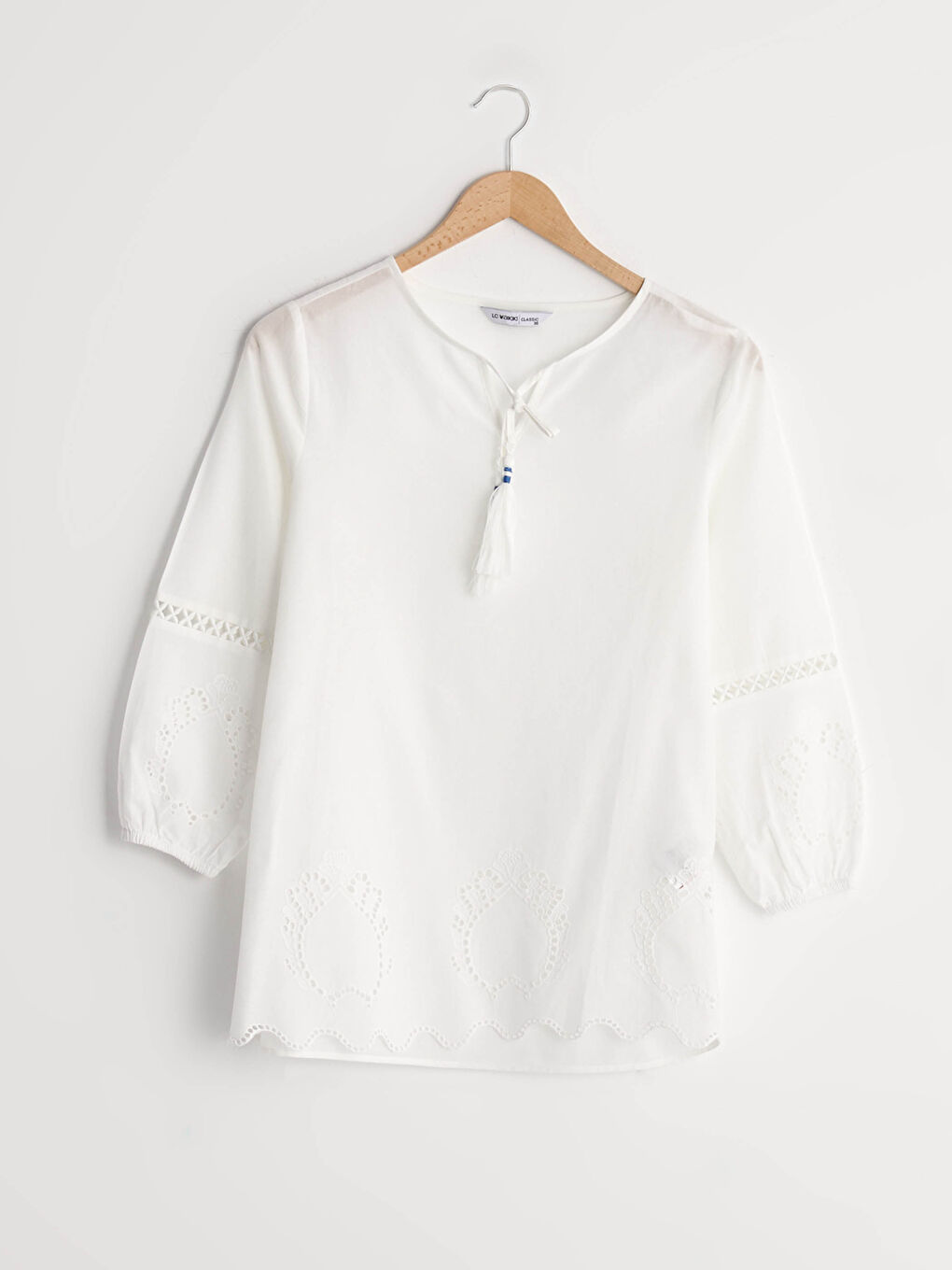 Tie Collar Embroidery Detailed Long Sleeve Cotton Women's Blouse-5