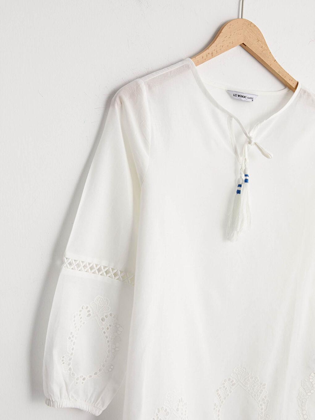 Tie Collar Embroidery Detailed Long Sleeve Cotton Women's Blouse-7