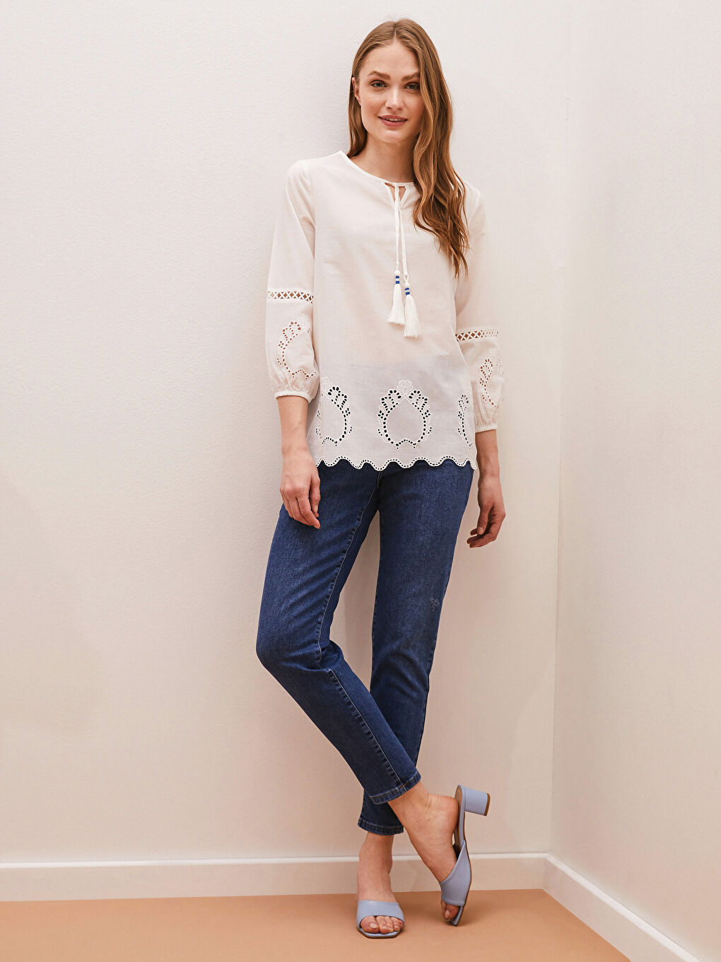 Tie Collar Embroidery Detailed Long Sleeve Cotton Women's Blouse-2