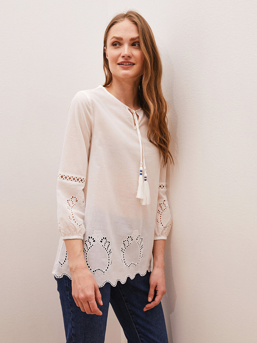 Tie Collar Embroidery Detailed Long Sleeve Cotton Women's Blouse-4