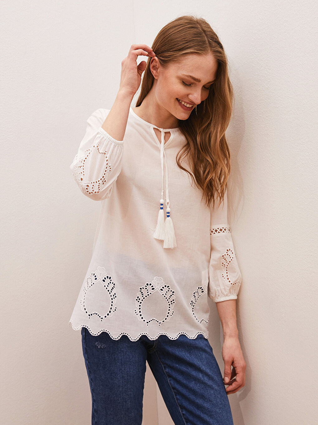 Tie Collar Embroidery Detailed Long Sleeve Cotton Women's Blouse