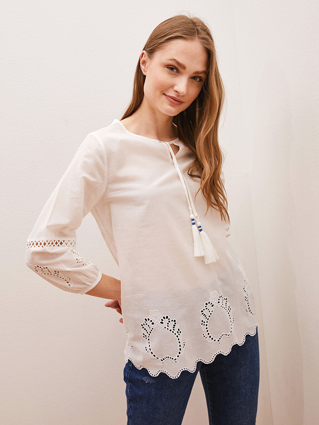 Tie Collar Embroidery Detailed Long Sleeve Cotton Women's Blouse-1